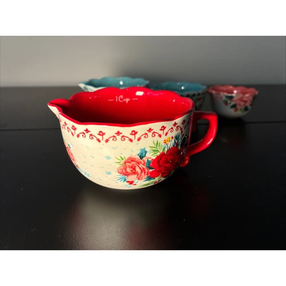 The Pioneer Woman Cheerful Rose Stoneware Measuring Cup Set Dishwasher Safe